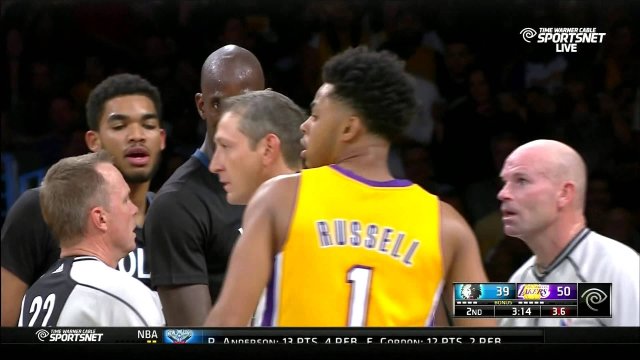 October 28, 2015 - Timberwolves vs. Lakers - Kevin Garnett Tries To Get In Julius Randle's Face