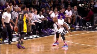 November 6, 2015 - Lakers vs. Nets - Jarrett Jack Falls Down And D'Angelo Russell Makes Jumper